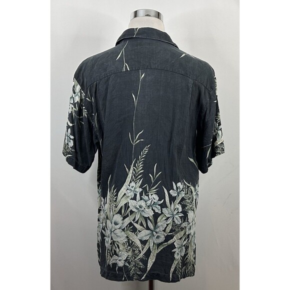 Tommy Bahama Large 100% Silk Hawaiian Aloha Shirt Floral Blue Green on Black - Picture 4 of 4